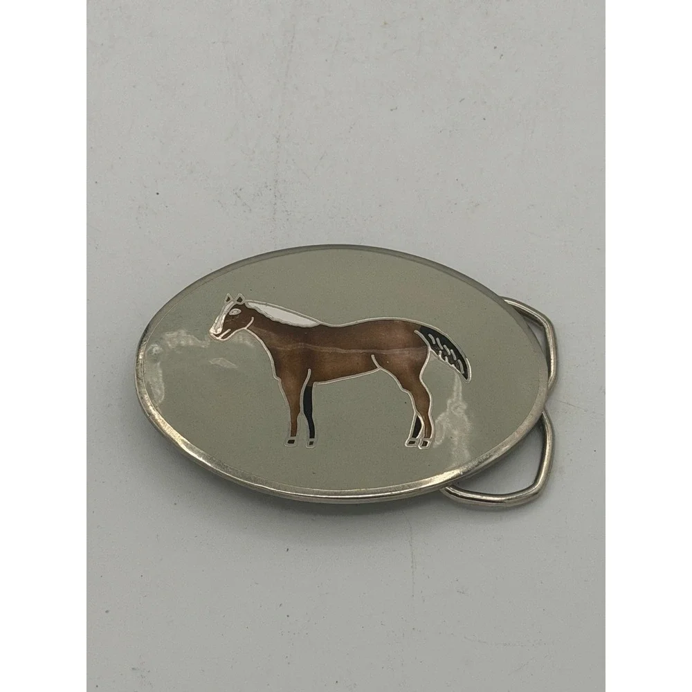 Vintage Western Enamel Horse Belt Buckle Oval Silver Tone Equestrian Glossy